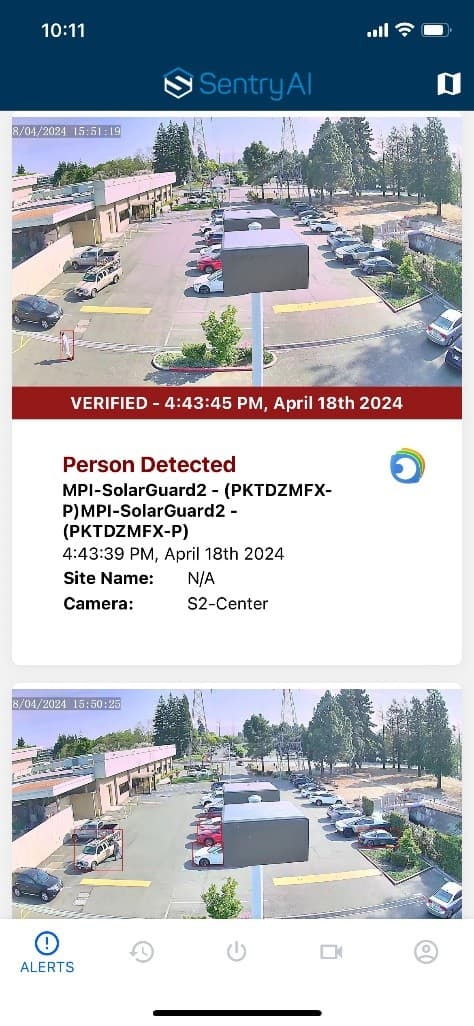 The Sentry AI mobile app showing a verified person-detected alert, with the camera, site and time